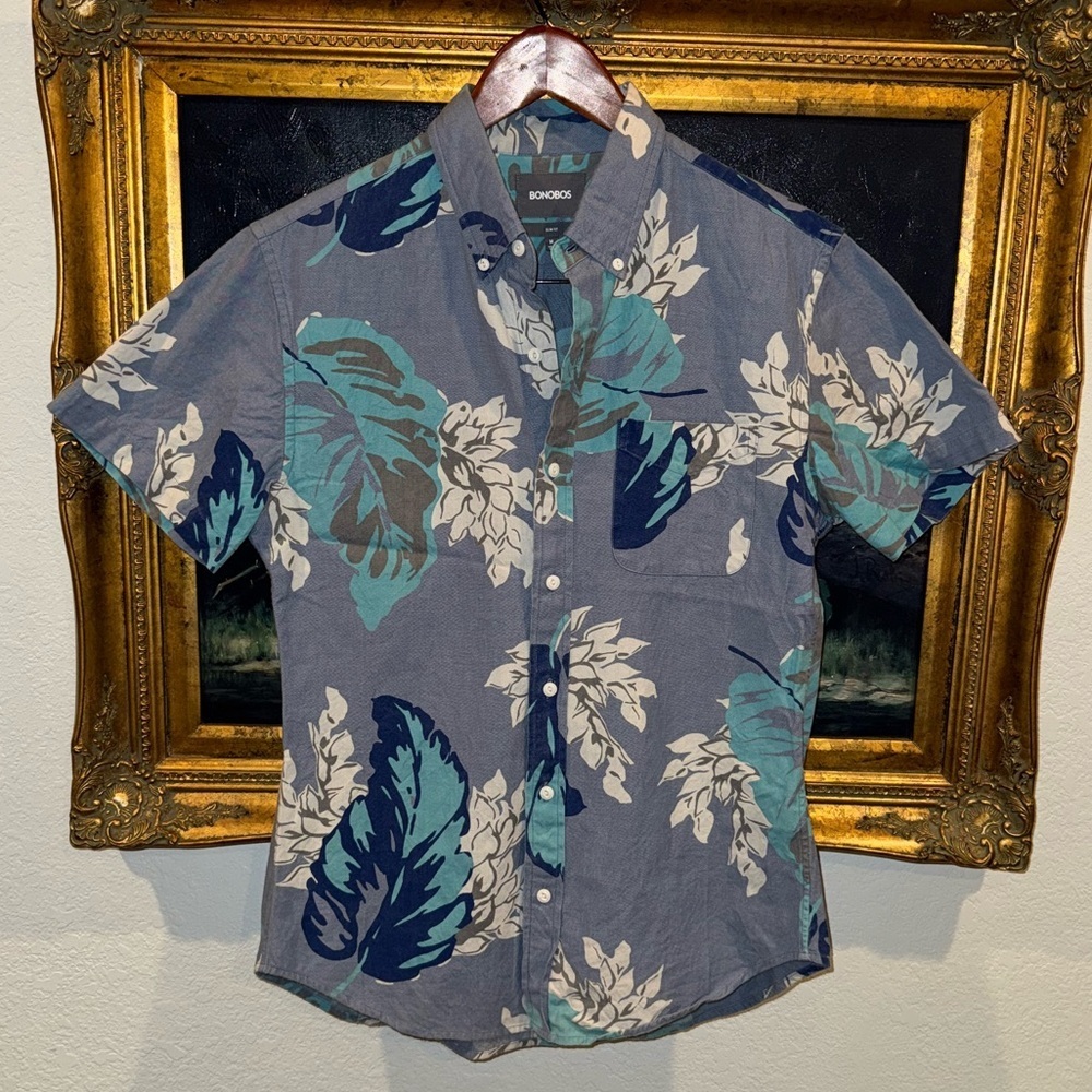 Bonobos Tropical Leaf Print Men’s Slim Fit Short Sleeve Blue Button Down Size M